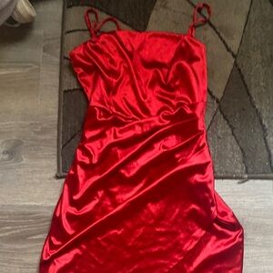 Emerald Sundae Red Satin Mini Slip Dress with Spaghetti Straps (super stretchy!!